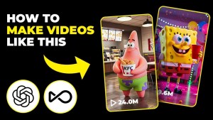 3D cartoon of Patrick holding a KFC bucket and Spongebob at a party, representing viral AI-generated videos.