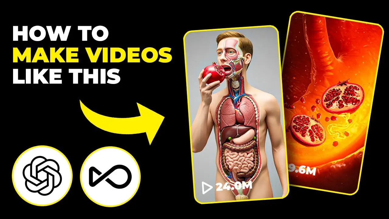 AI-generated health video tutorial thumbnail showing a man eating a pomegranate and digestive system illustration