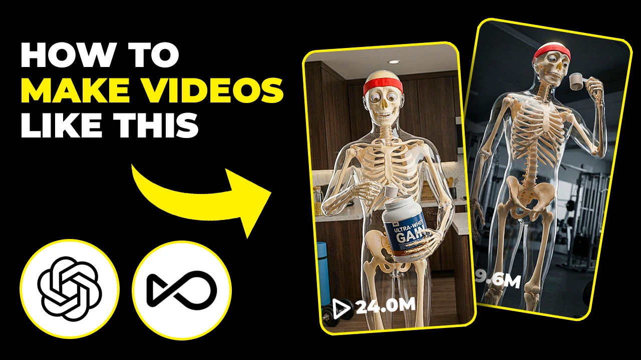 YouTube thumbnail showing two animated skeletons with the text “How to Make Videos Like This” and AI logos.