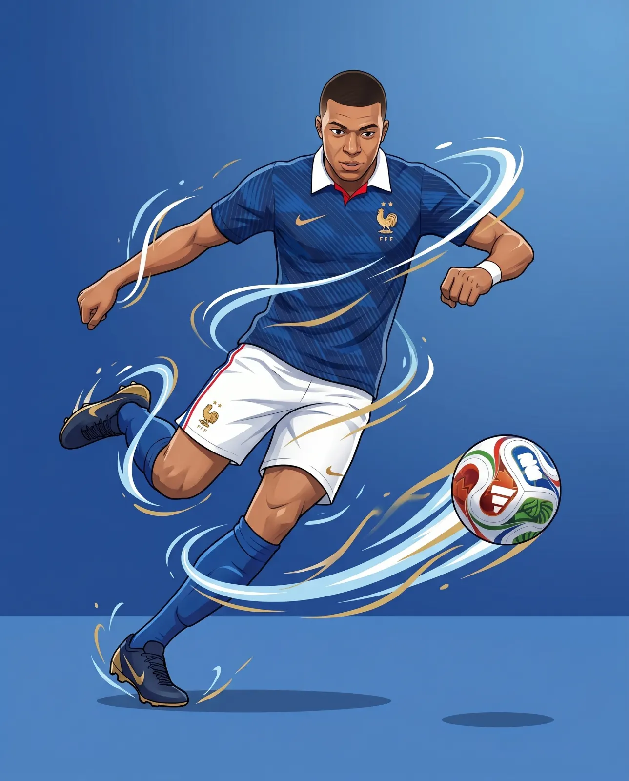 Illustrated footballer in a blue shirt and white shorts chasing a ball, surrounded by white and gold streaks on blue.