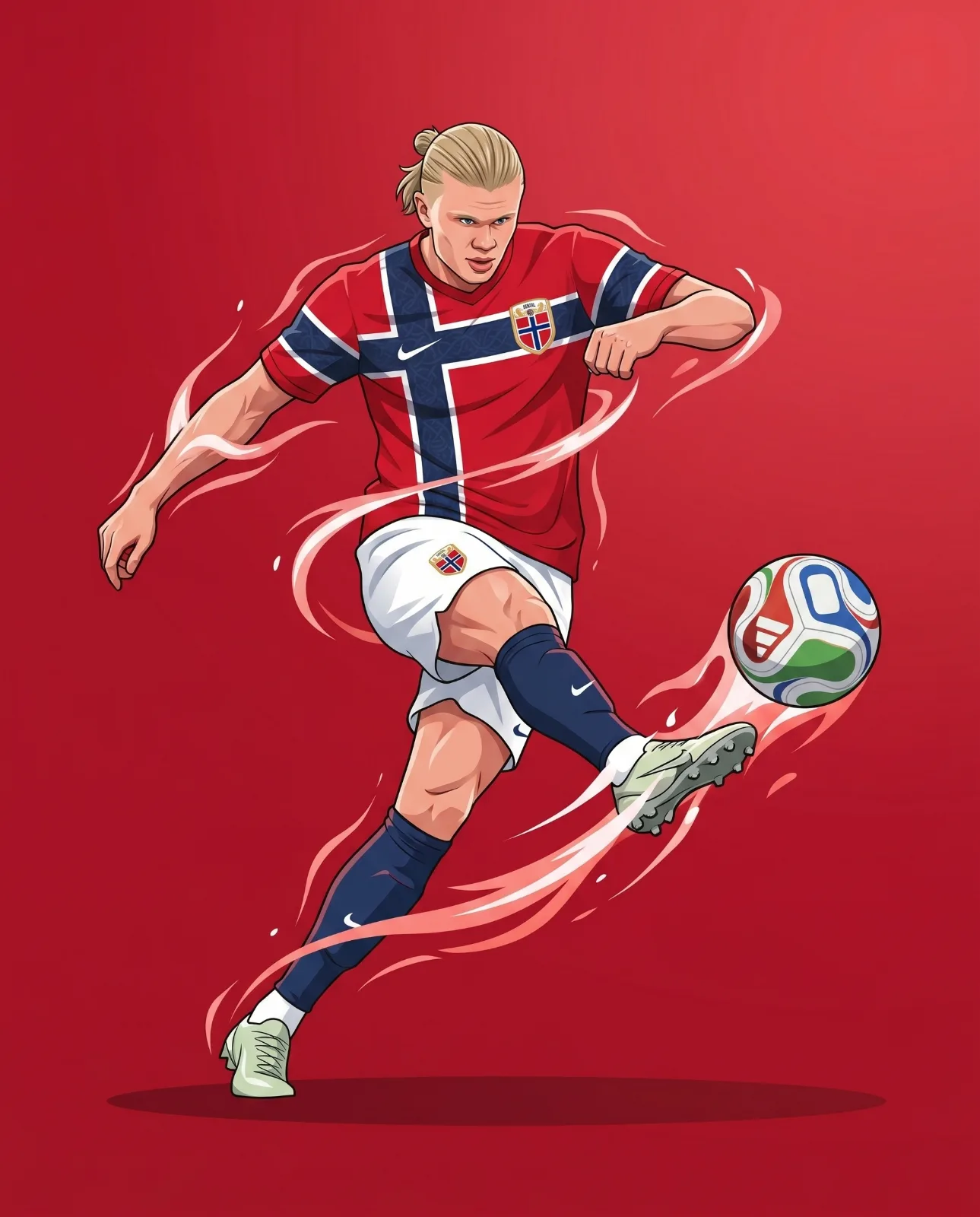 Illustrated blond footballer in a red shirt with blue cross stripes kicking a ball, with white energy trails on red.