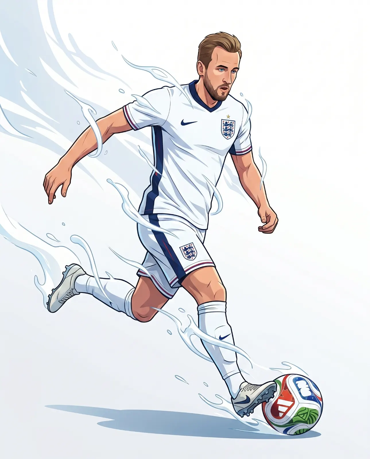 Illustrated bearded footballer in a white kit running with a ball, with pale flowing streaks on a light background.