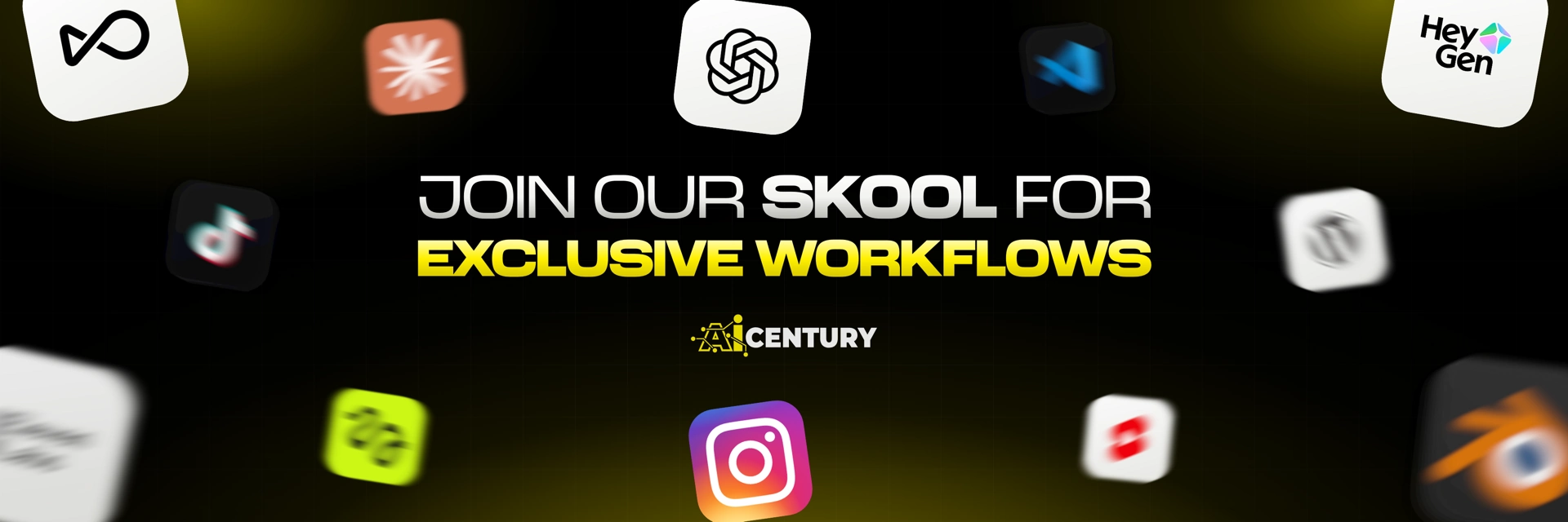 AI Century banner inviting creators to join the Skool community for exclusive AI workflows, with AI tool logos around the headline.
