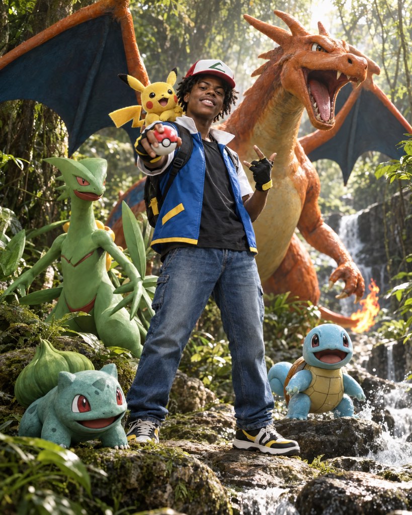 Smiling trainer holding a Poké Ball in a jungle, with Pikachu on his shoulder and an open-mouthed Charizard behind