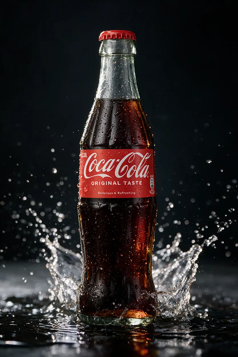 Glass Coca-Cola bottle with a red label and cap, standing amid bright water splashes on a dark surface