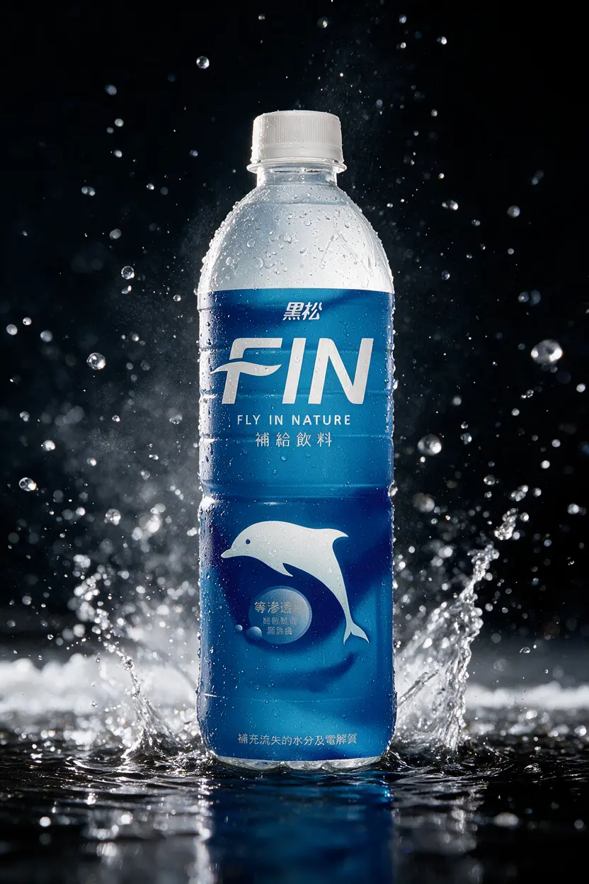 Blue-labeled FIN bottle with a white cap, covered in droplets and framed by splashing water against black
