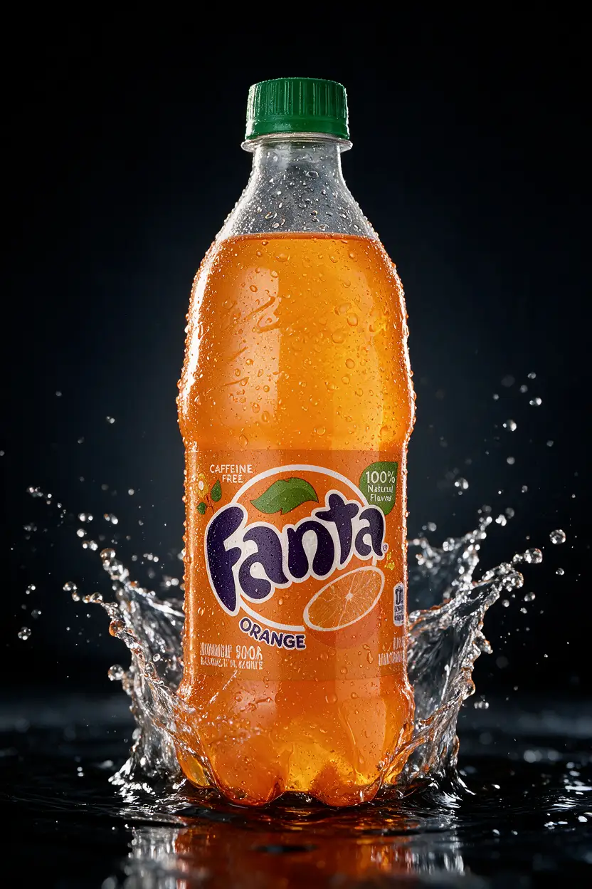 Orange Fanta bottle with a green cap, surrounded by water splashes against a black studio background