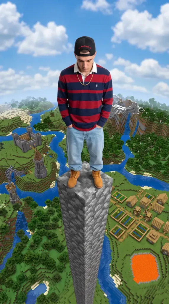 Man in a striped rugby shirt and backwards cap on top of a tall cobblestone pillar above a Minecraft world
