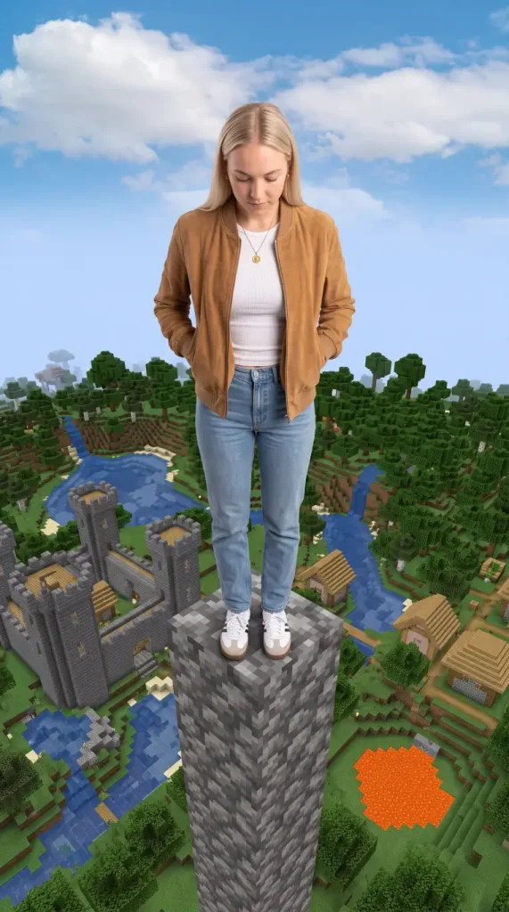 Blonde woman in a camel suede jacket looking down from a Minecraft cobblestone pillar over castles and a lava pool