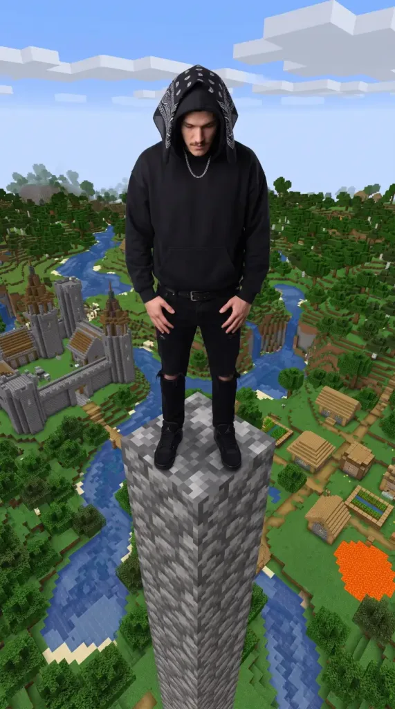 Man in a black hoodie and bandana standing on a cobblestone pillar high above a blocky Minecraft world