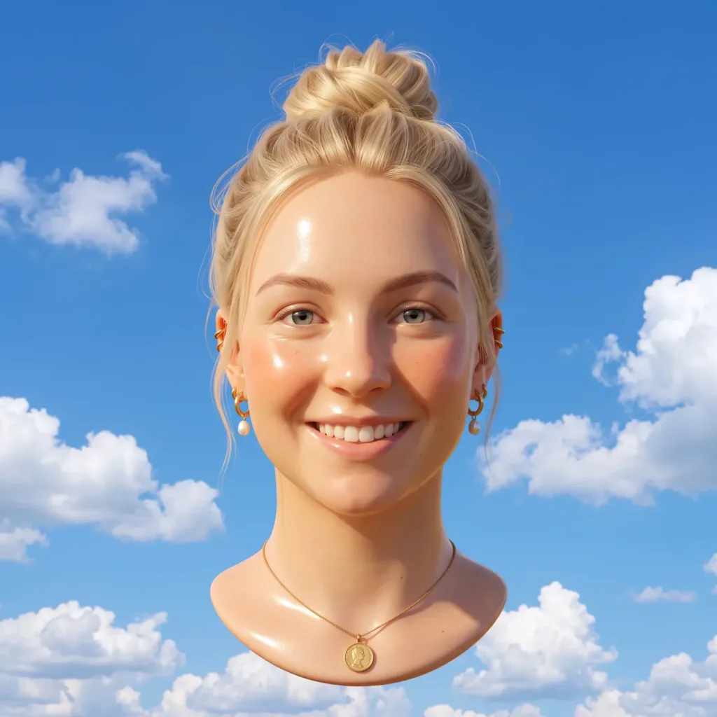 Glossy 3D floating head of a smiling blonde woman with a messy bun and gold earrings in a blue sky