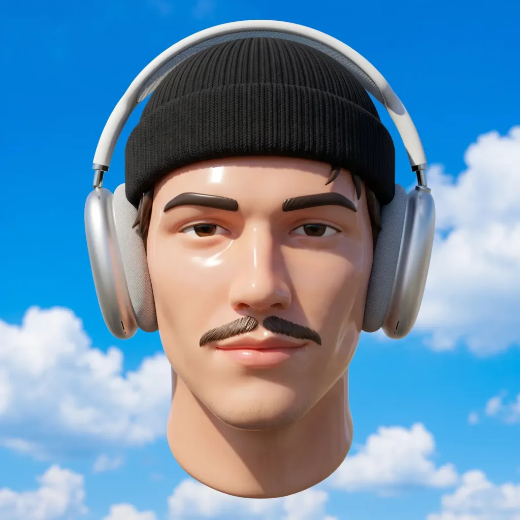Glossy floating head of a man with a moustache, black beanie and silver AirPods Max against a blue sky with clouds