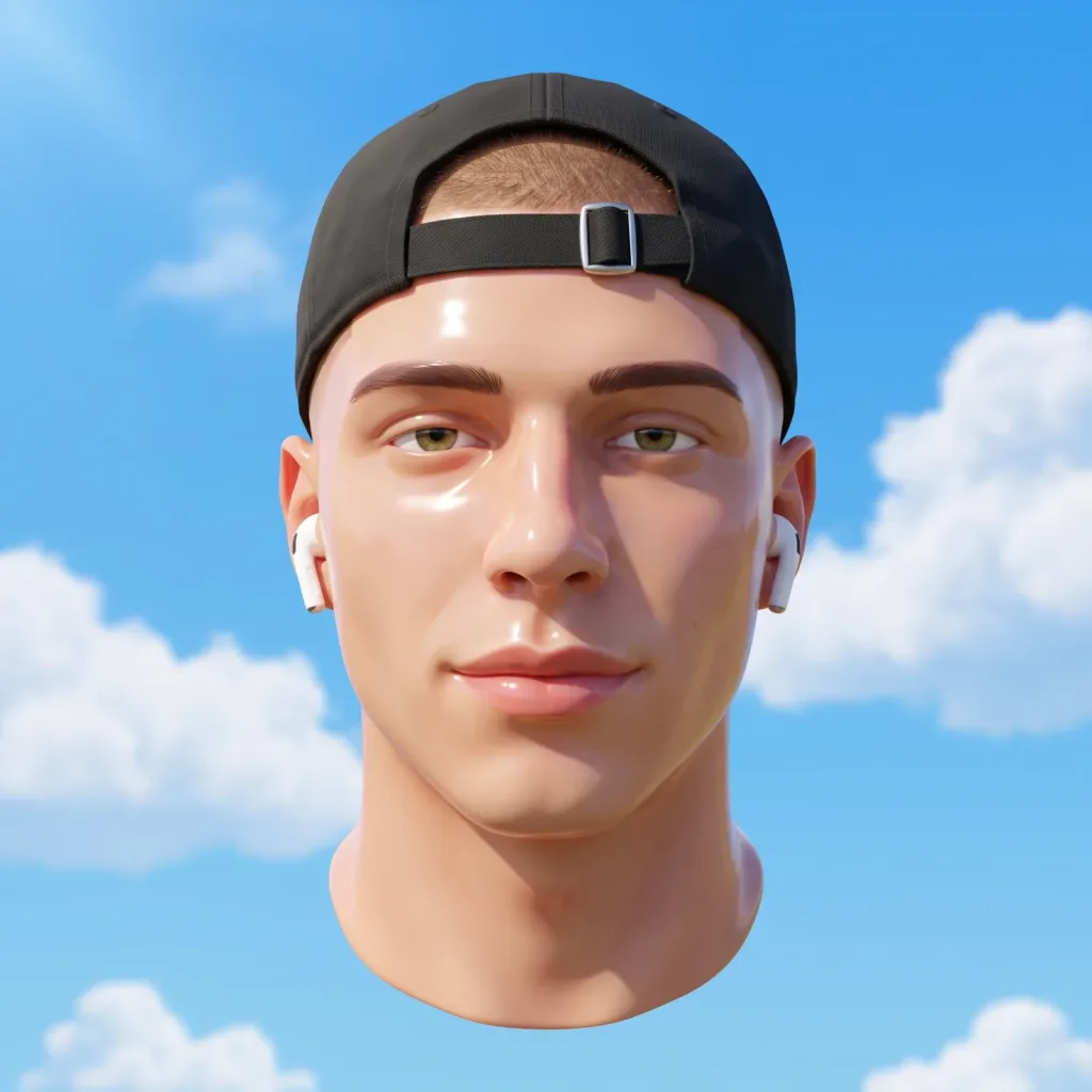 Glossy floating head of a young man with a backwards black cap and white AirPods Pro in a summer sky