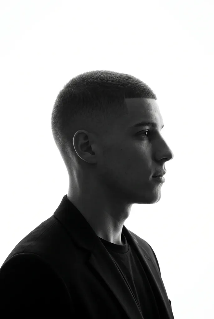 Black and white silhouette of a young man with a buzz cut fade in side profile against bright white light