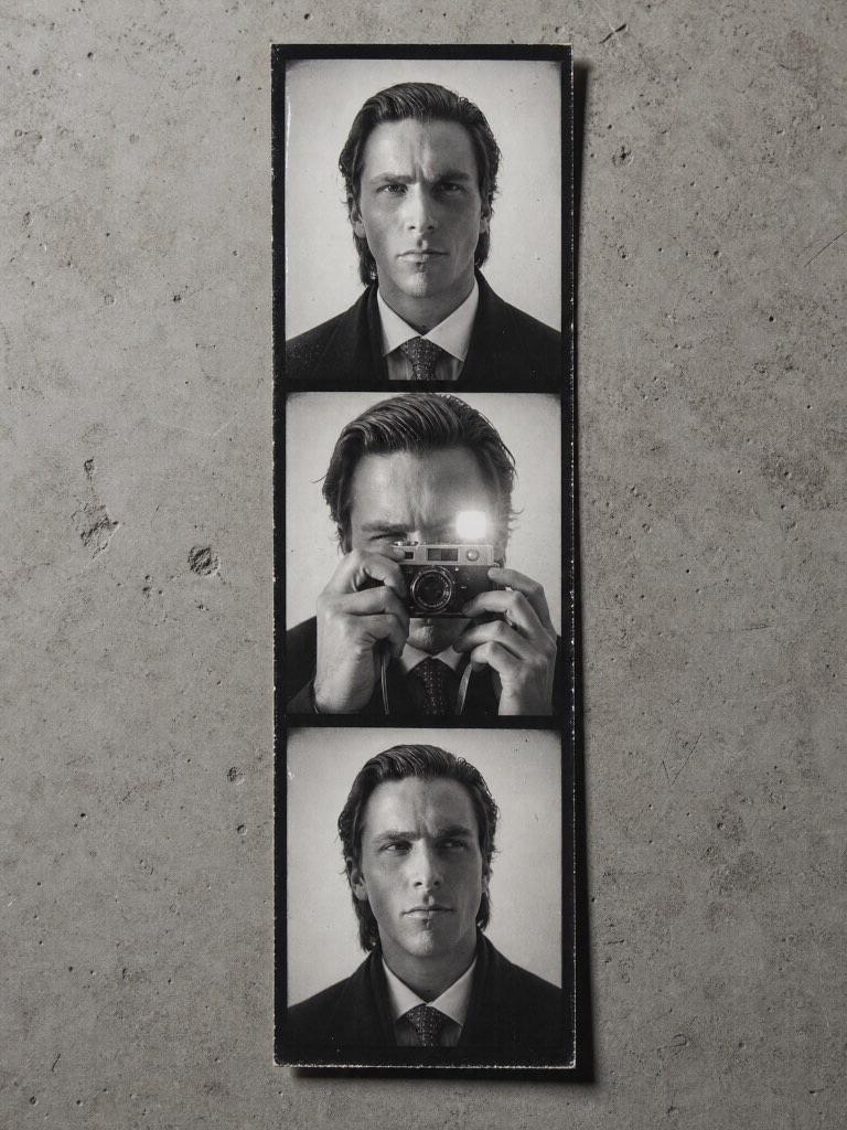 Black-and-white photo strip of a man in a dark suit, with a flash-camera pose between two serious portraits.