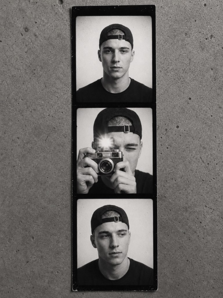 Three-frame black-and-white photo strip of a man in a backwards cap, posing with a vintage camera, on concrete.