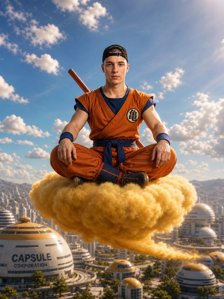 Man in a backwards cap and orange martial arts outfit sitting cross-legged on a golden cloud above a domed city.