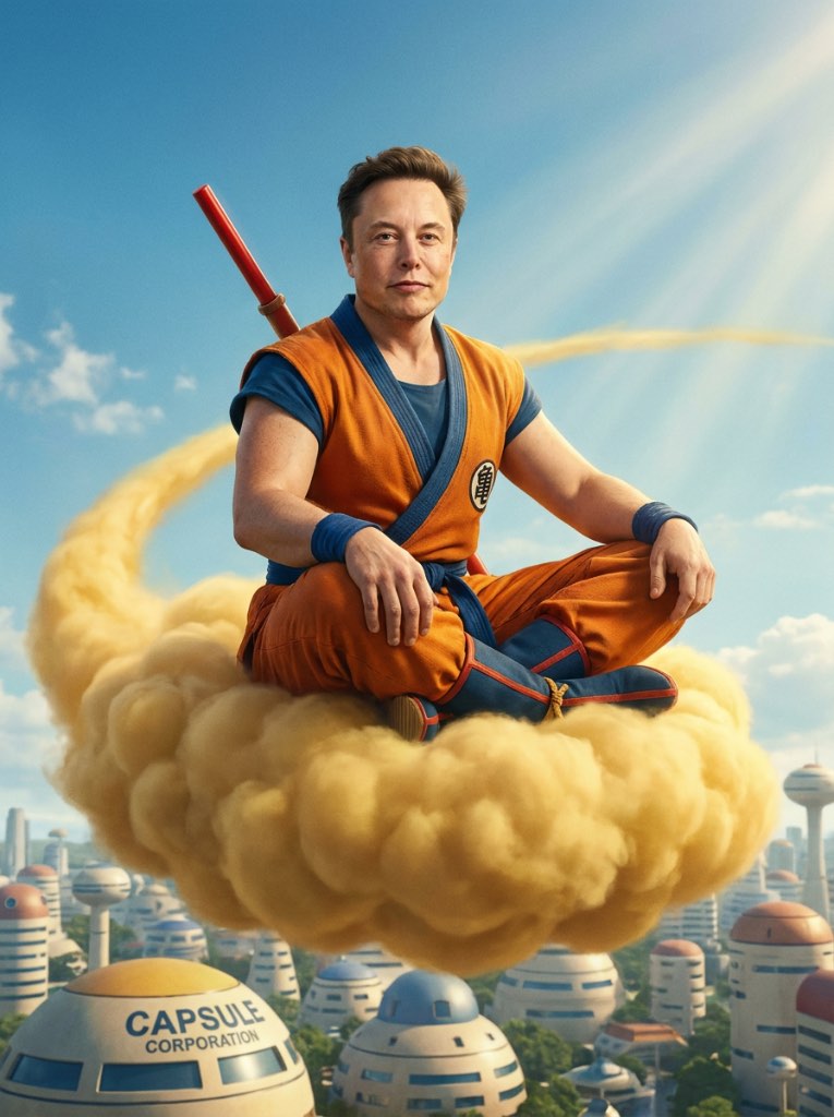 Short-haired man in an orange martial arts outfit sitting on a golden cloud, with sun rays over a futuristic city.