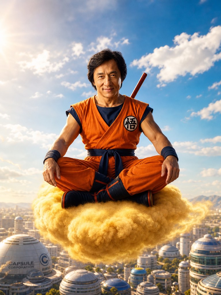 Smiling dark-haired man in an orange martial arts outfit sitting cross-legged on a golden cloud above domed buildings.
