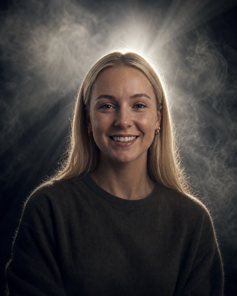 Smiling blonde woman in a dark sweater with bright backlight shining through studio haze
