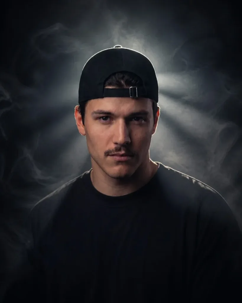 Man wearing a backward black cap and dark shirt, framed by narrow light rays in a smoky studio
