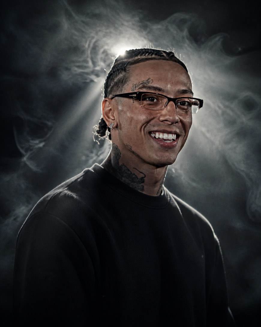 Smiling man with braids, glasses and neck tattoos, outlined by backlight and curling smoke