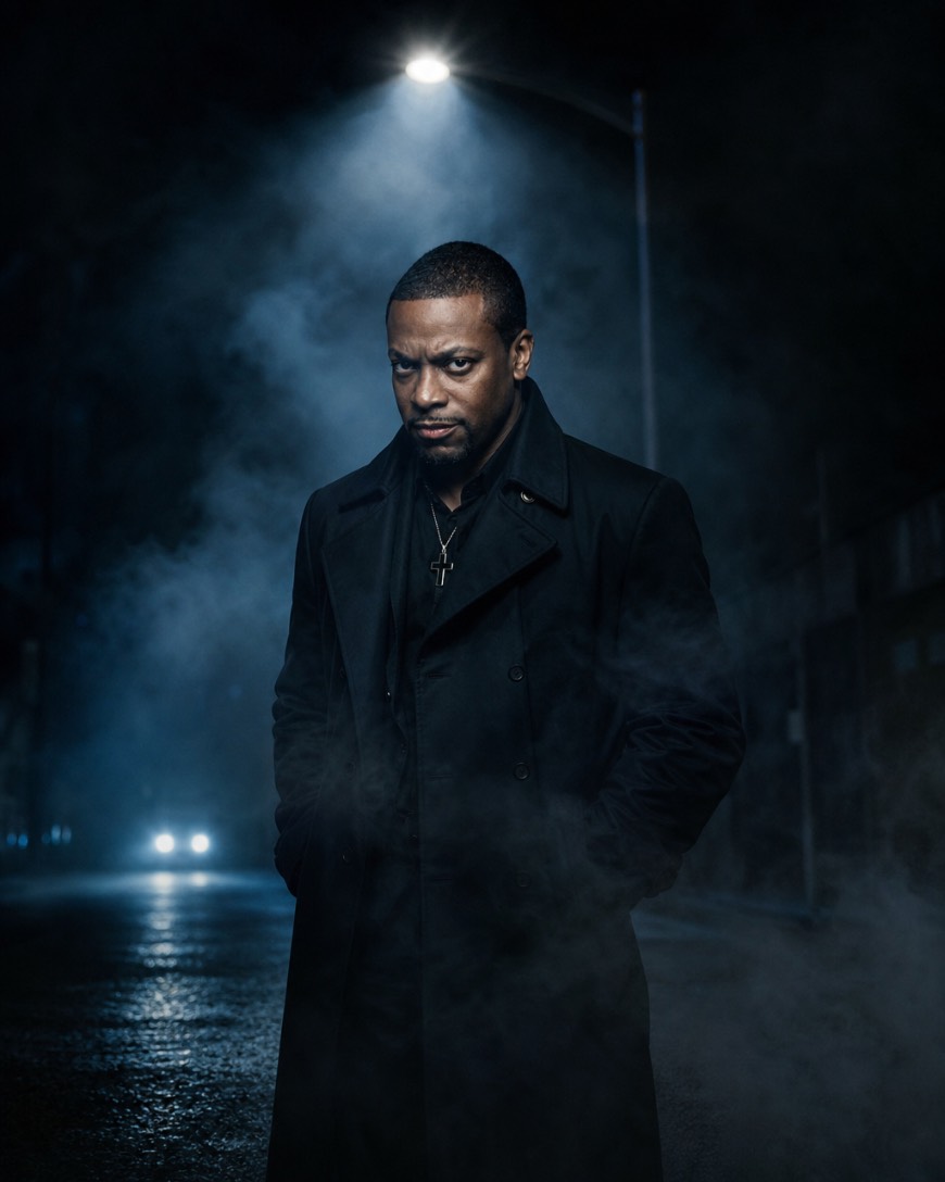 Man in a black overcoat standing in blue-gray fog with a streetlight above and distant headlights