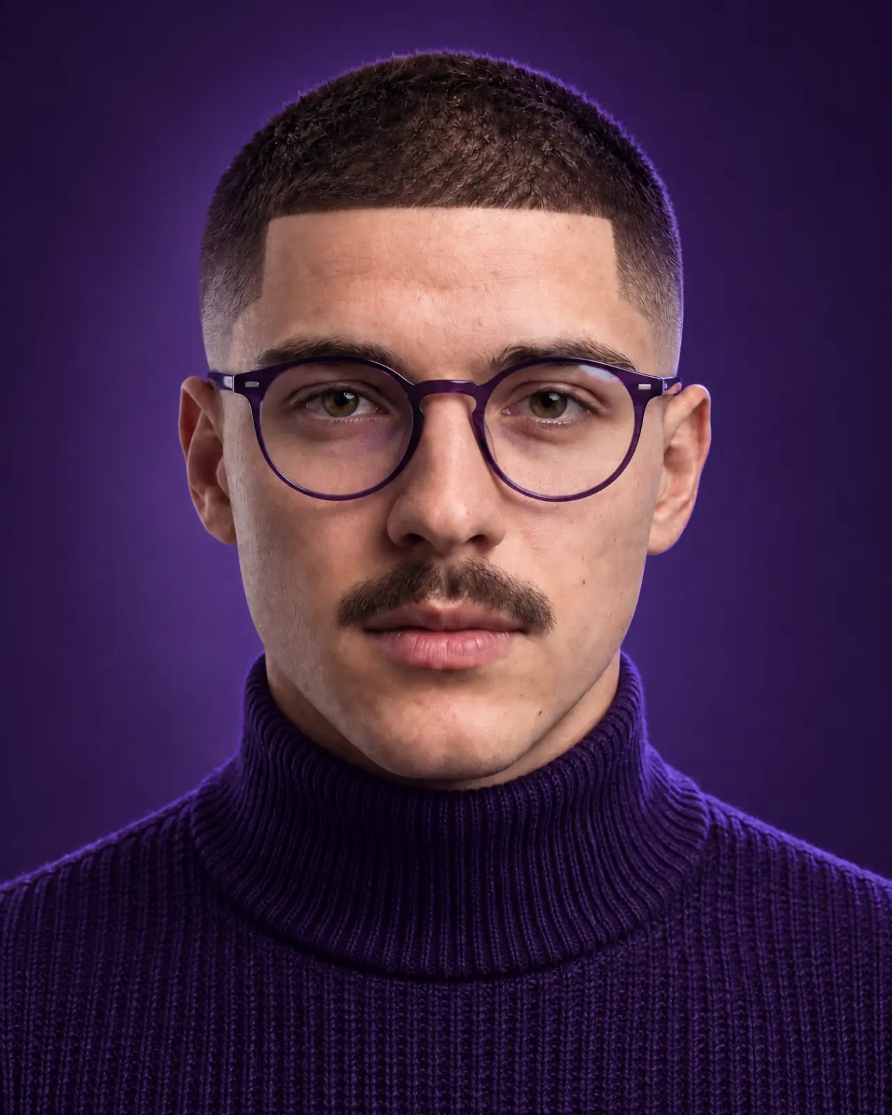Mustached man in purple glasses and a purple ribbed turtleneck against a violet studio backdrop
