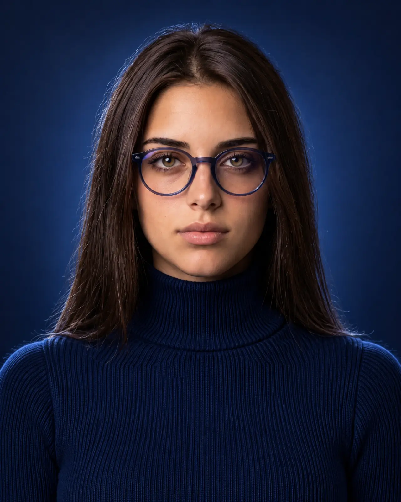 Dark-haired woman in blue glasses and a navy ribbed turtleneck against a blue studio backdrop