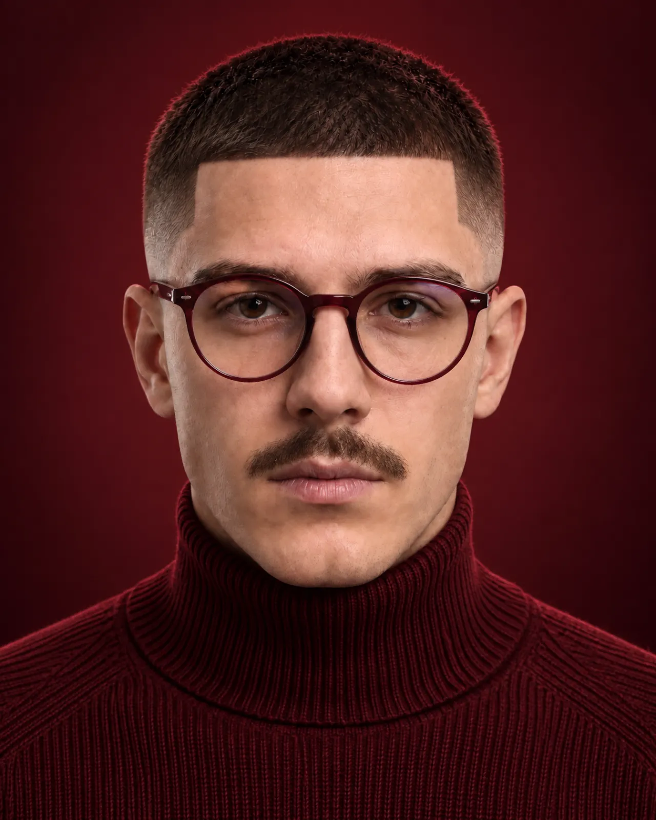 Mustached man with round burgundy glasses and a red ribbed turtleneck against a burgundy backdrop