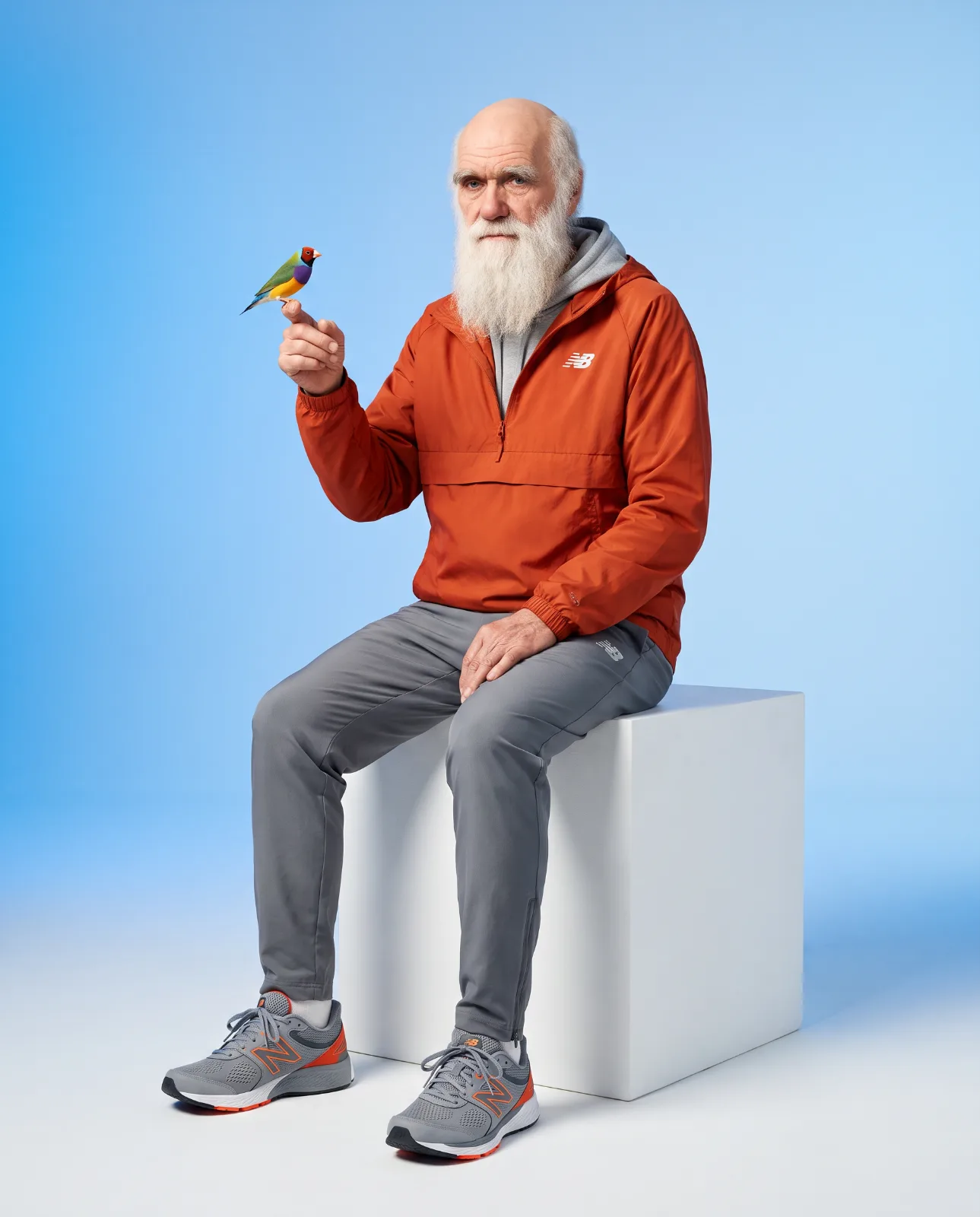 White-bearded man in an orange jacket seated on a white cube, holding a small colorful bird