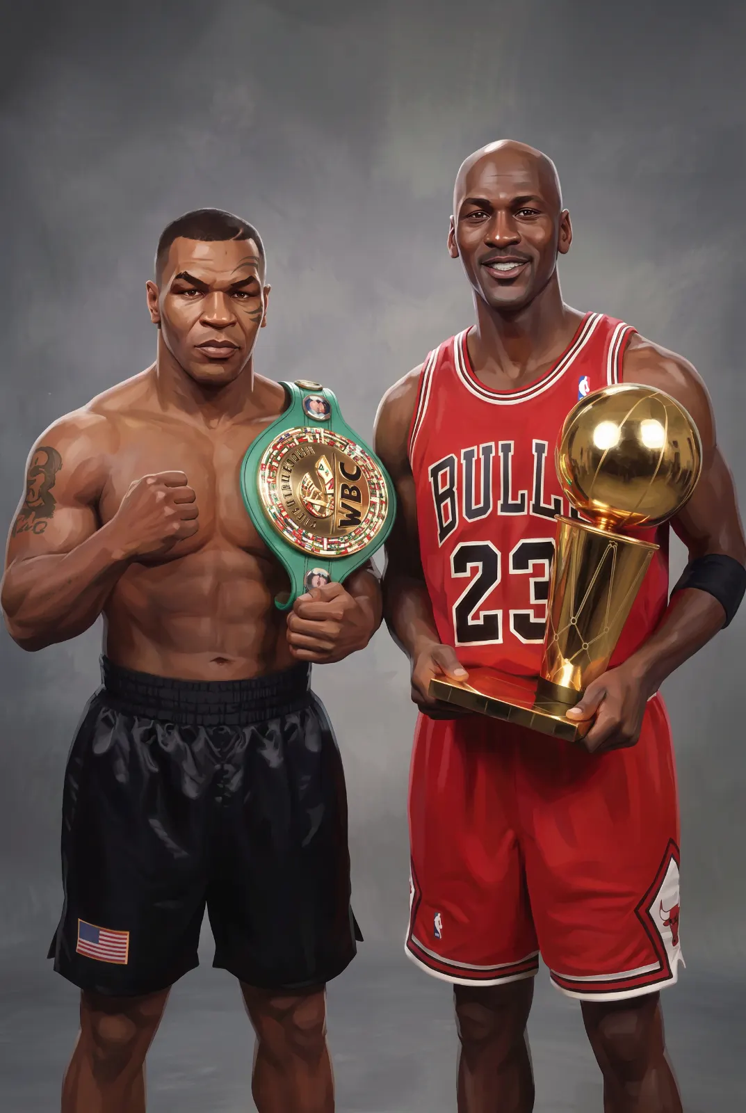 Illustrated boxer holding a green championship belt beside a basketball player in red holding a gold trophy.
