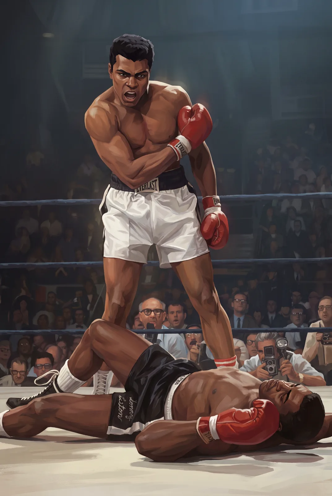 Painterly boxing scene with a boxer in white shorts and red gloves standing over an opponent on the ring floor.