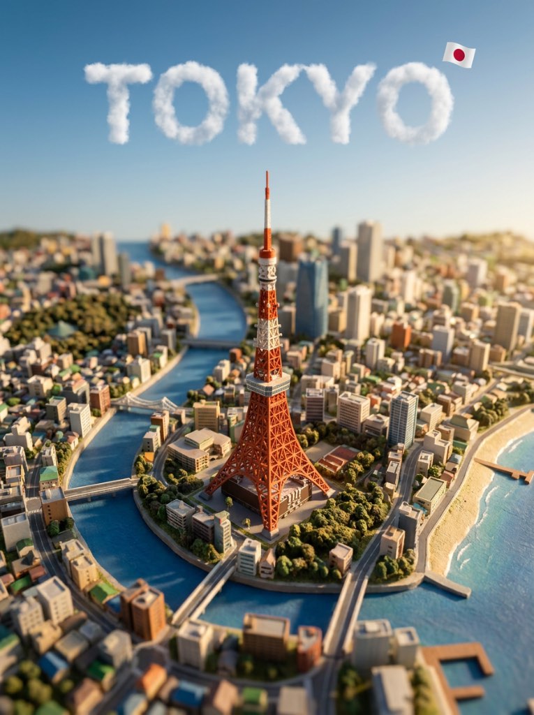 Miniature-style Tokyo scene with a red lattice tower, rivers and dense buildings beneath TOKYO cloud letters.