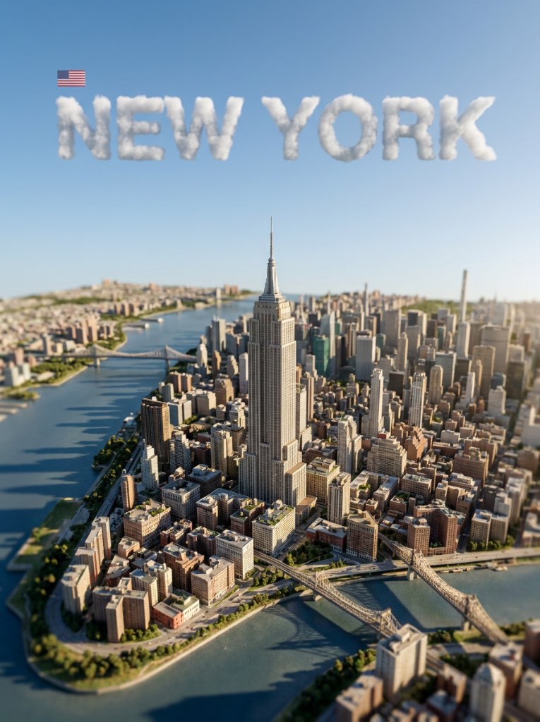Miniature New York skyline beside rivers and bridges, with the Empire State Building beneath NEW YORK cloud letters.