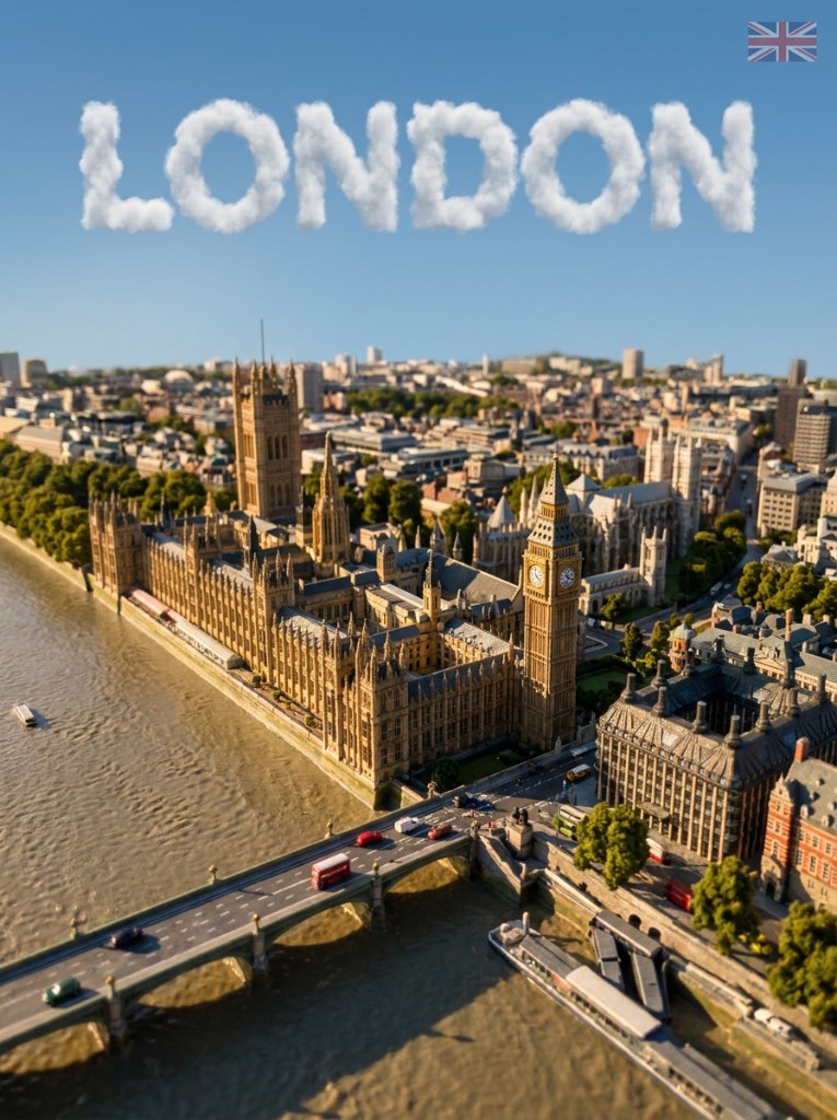 Miniature London scene showing the Palace of Westminster and a river bridge beneath cloud letters spelling LONDON.