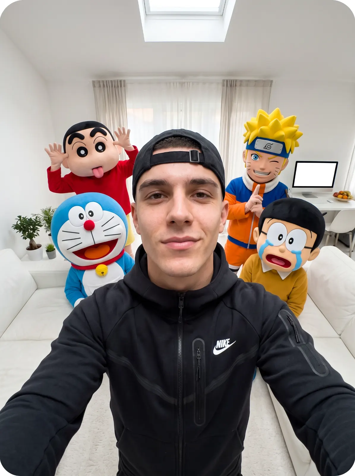 Man in a black tracksuit and backwards cap taking a fisheye selfie with four anime mascots in a bright room.