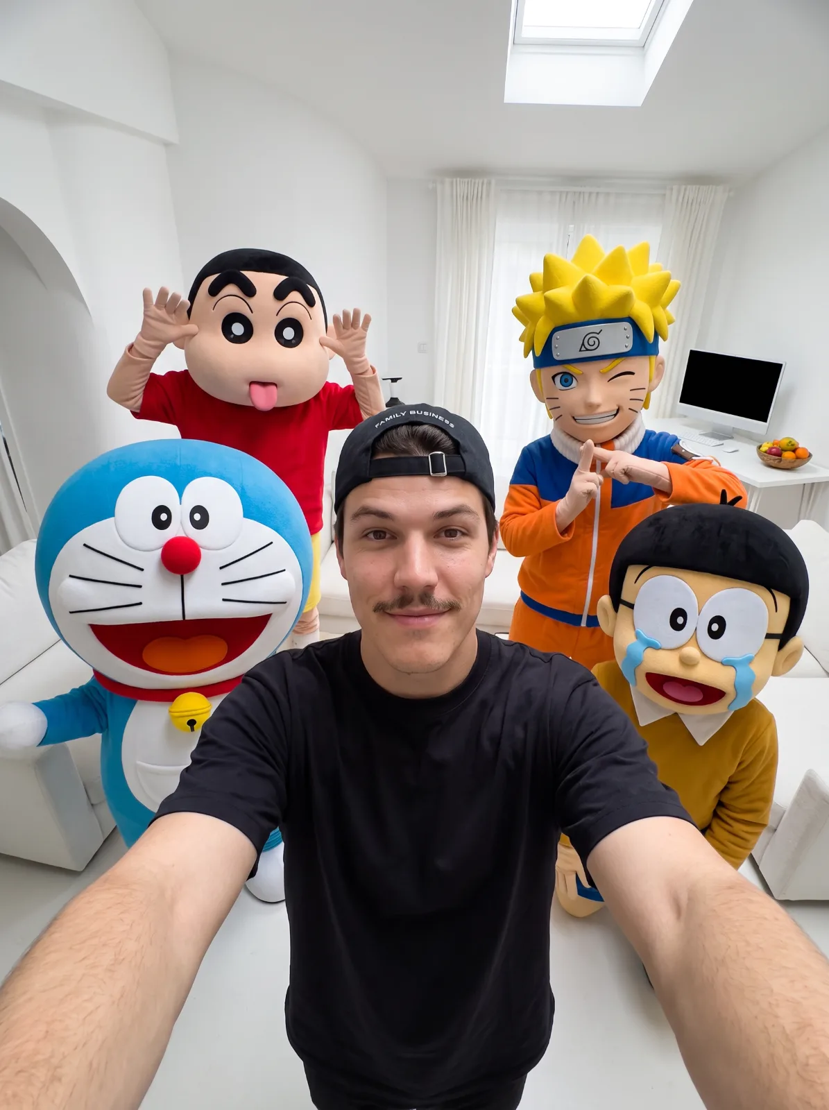 Man in a black T-shirt and backwards cap taking a fisheye selfie with four anime mascots in a white living room.