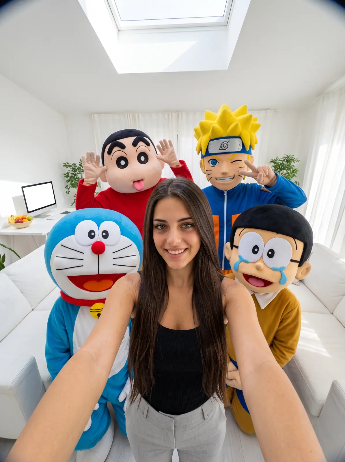 Long-haired woman in a black top taking a wide-angle selfie with four anime mascots beneath a living-room skylight.