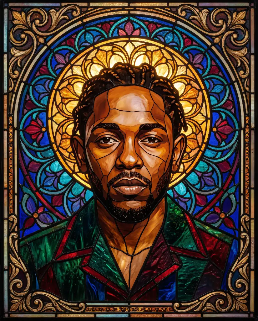 Stained-glass portrait of a curly-haired bearded man in green and red, surrounded by a gold halo and floral glass panels.