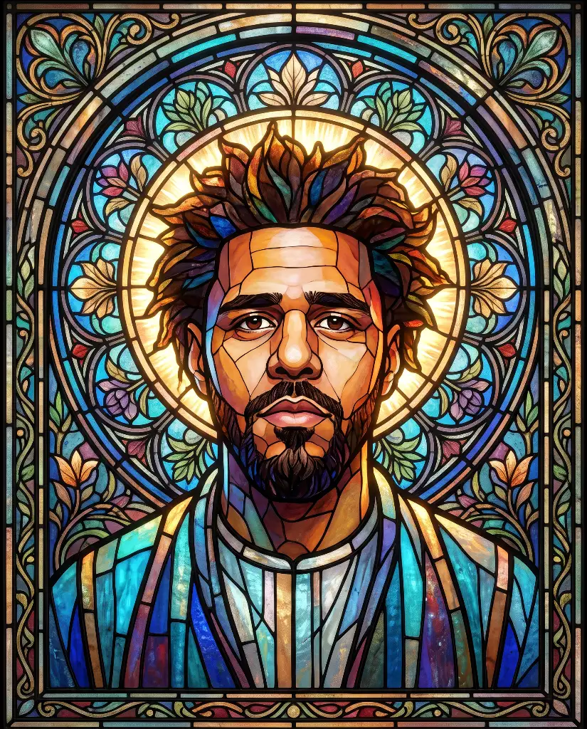 Stained-glass portrait of a bearded man with spiky hair and blue robes, framed by a luminous halo and botanical patterns.