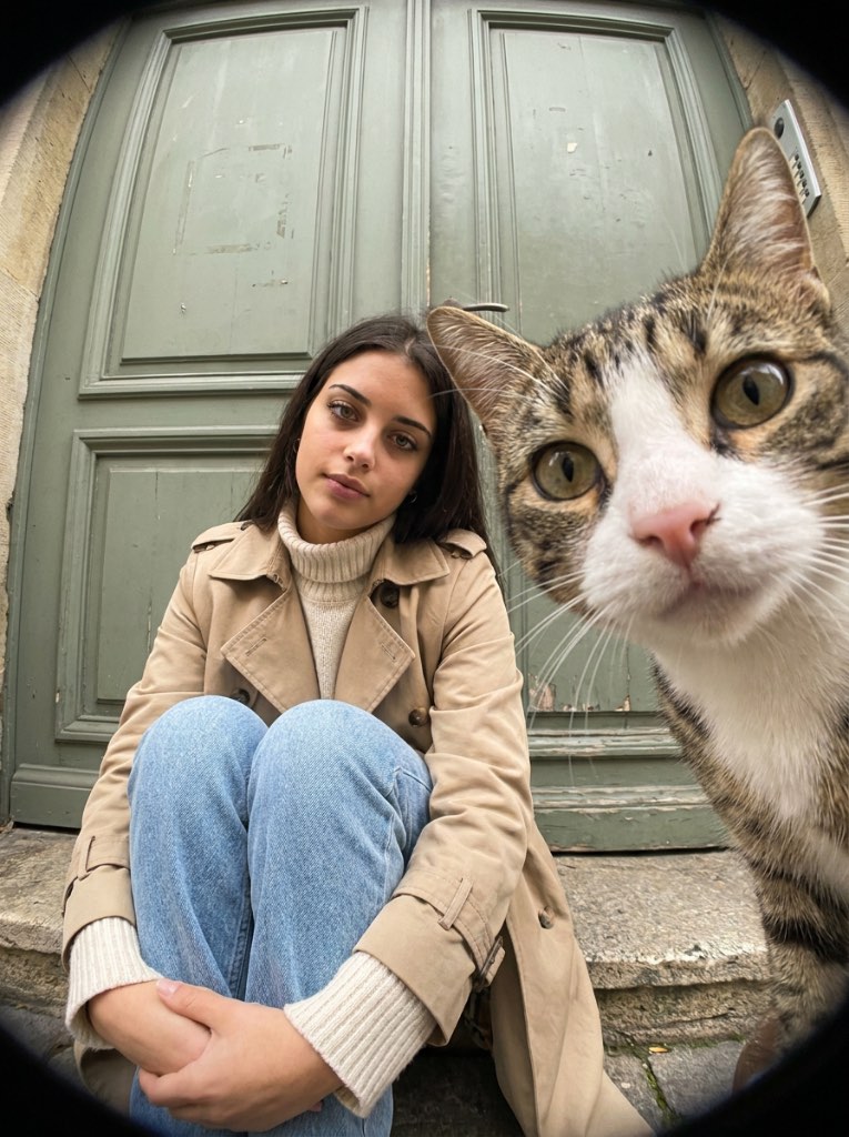 Fisheye view of a tabby-and-white cat beside a dark-haired woman in a beige coat sitting before weathered green doors.