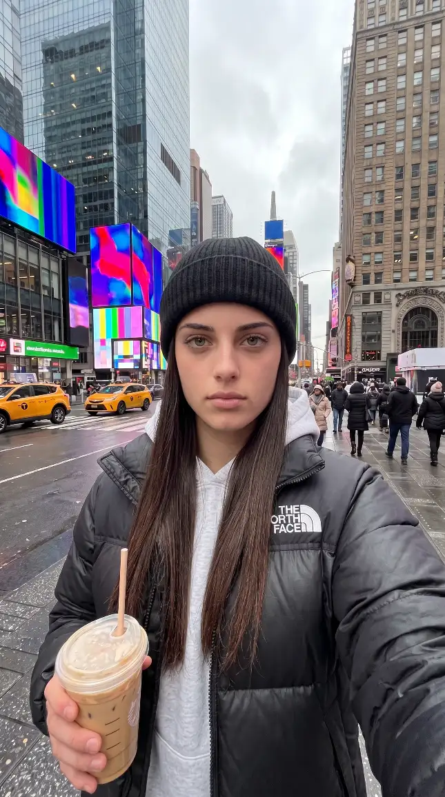 Woman in a black beanie and puffer jacket holding iced coffee for a selfie on a busy billboard-lined street