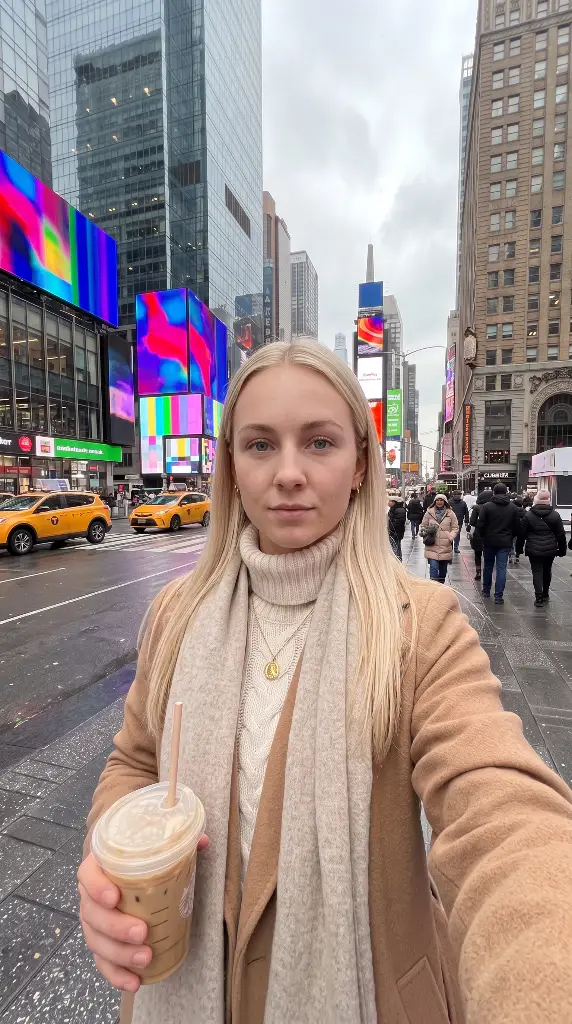 Blonde woman in a camel coat and pale scarf holding iced coffee on a city street with digital billboards