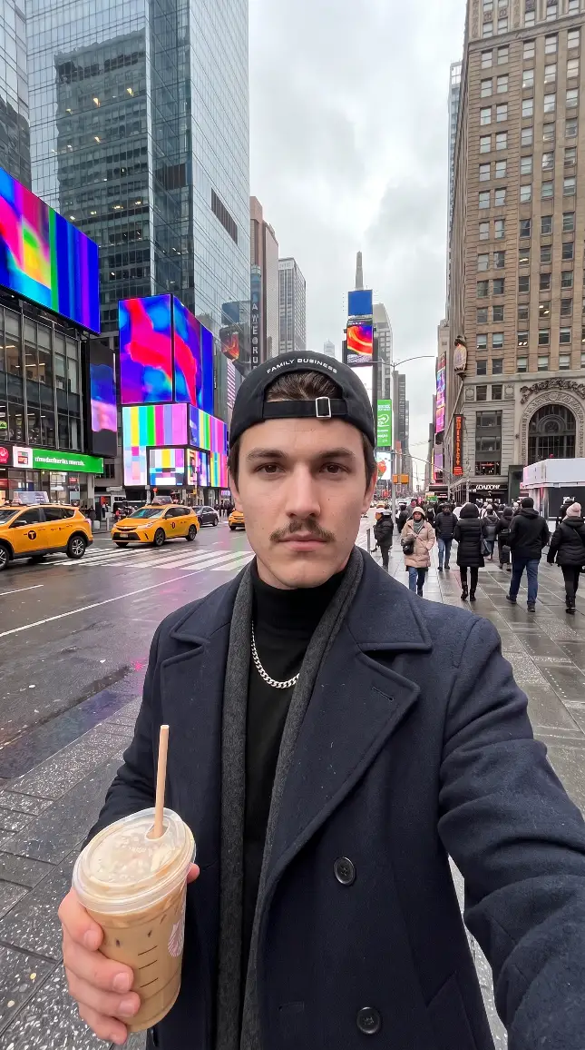 Man in a backward cap and navy coat holding iced coffee for a selfie beside city traffic and bright billboards
